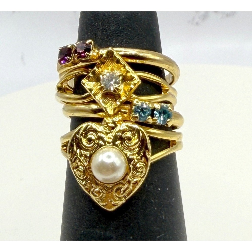 Stacking Ring Lot 4 Adjustable Pearl Heart Crystal New Gold Tone size 4-5
